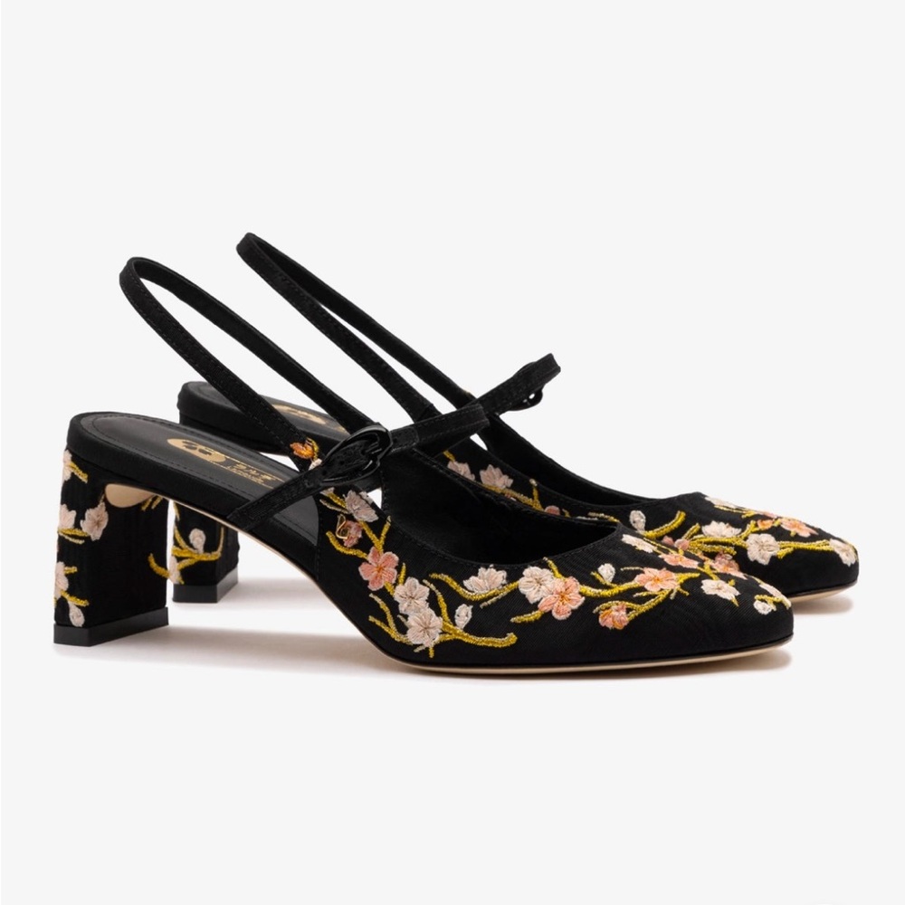 Larroude Georgina Pump in Black Sakura Printed Fabric